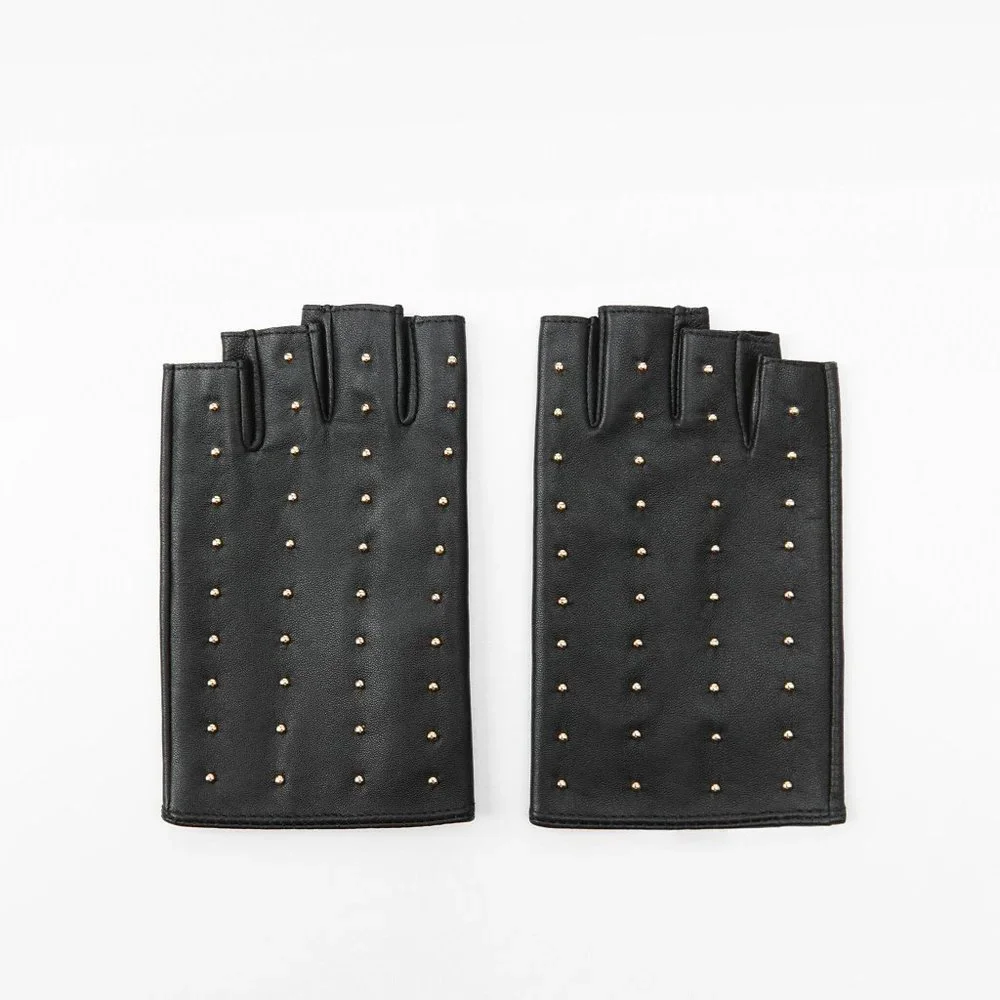 NWT ZARA STUDDED BLACK LEATHER FINGERLESS GLAM ROCK GLOVES